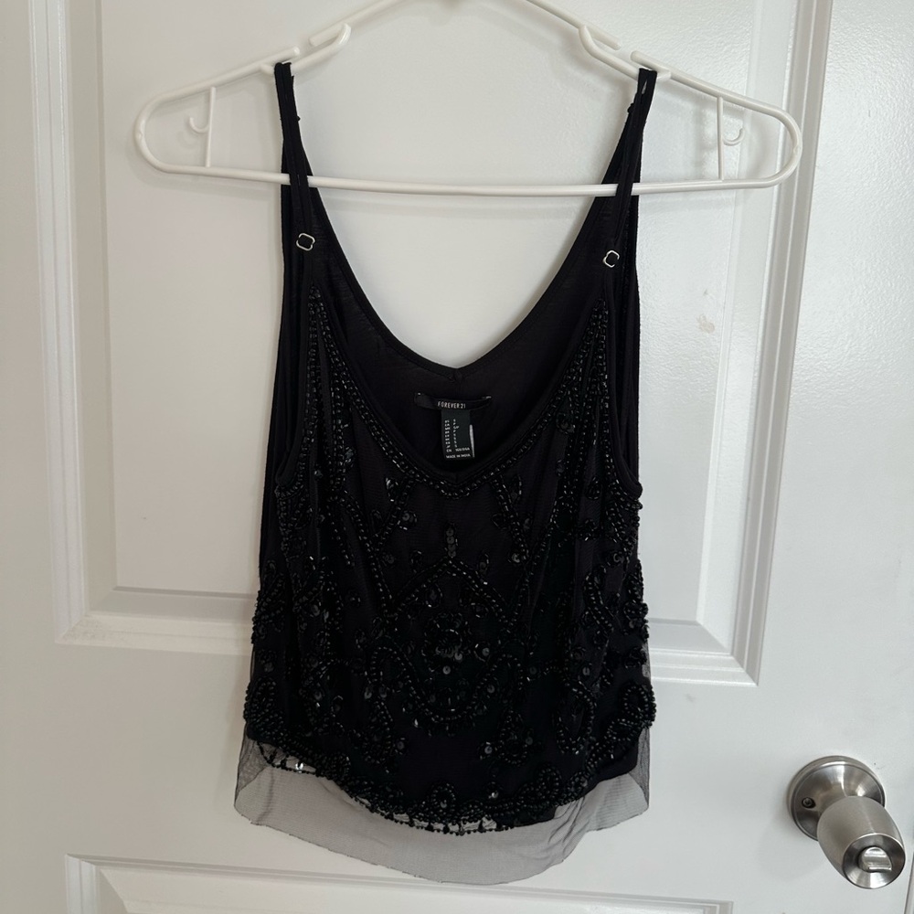 Forever 21 Black Beaded Mesh Tank Top